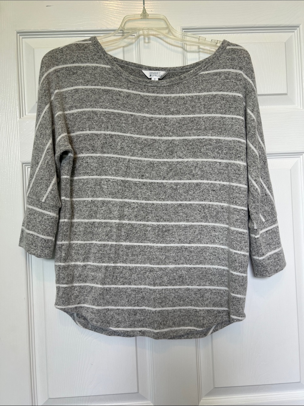 Market & Spruce Gray and White Striped Boatneck Pullover